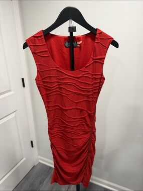 NWOT Sleeveless Red Textured lined Ruched Dress with side zipper